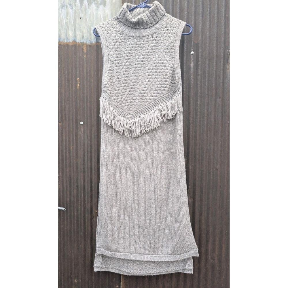 Nomad Morgan Carper Knit Turtleneck Dress S Gray Fringe Slits Boho Chic Anthro